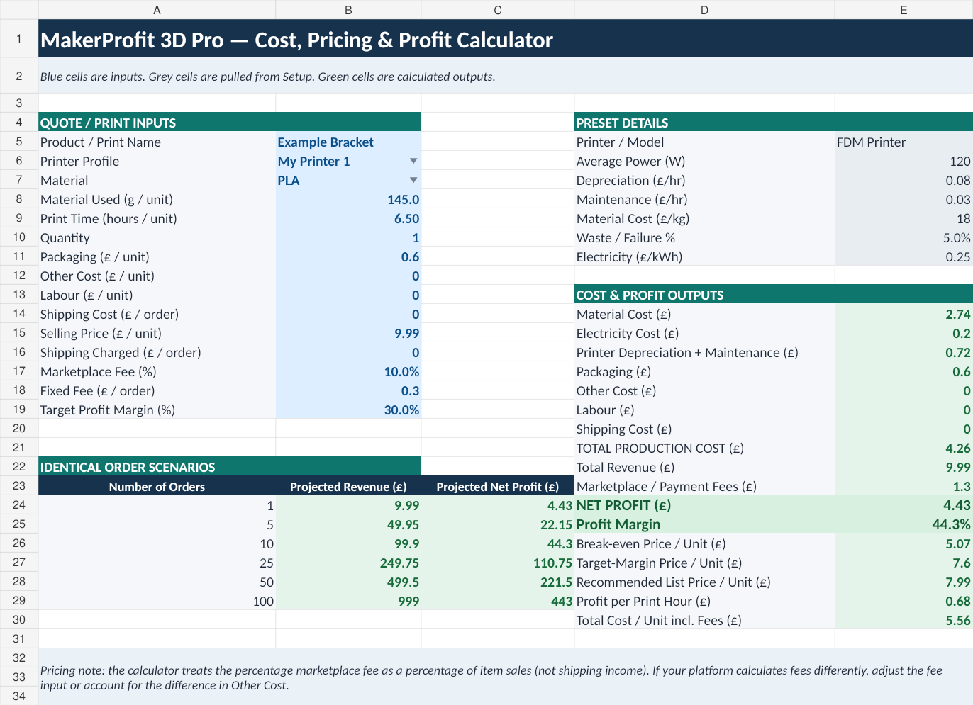 MakerProfit 3D Pro calculator preview
